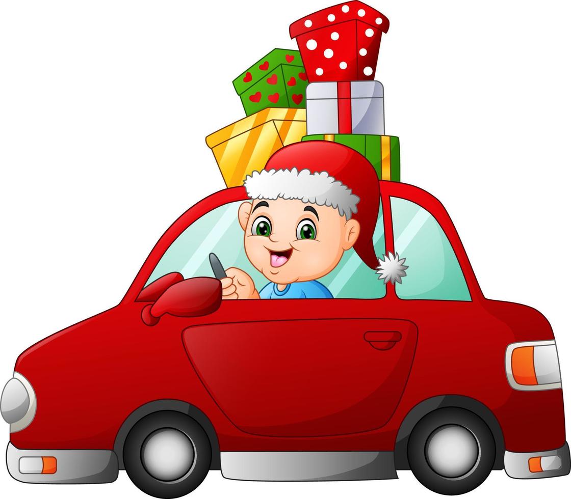 niño de dibujos animados conduciendo un automóvil con regalos vector