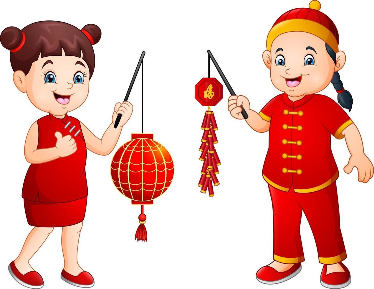 Cartoon cute boy and girl in chinese costume vector