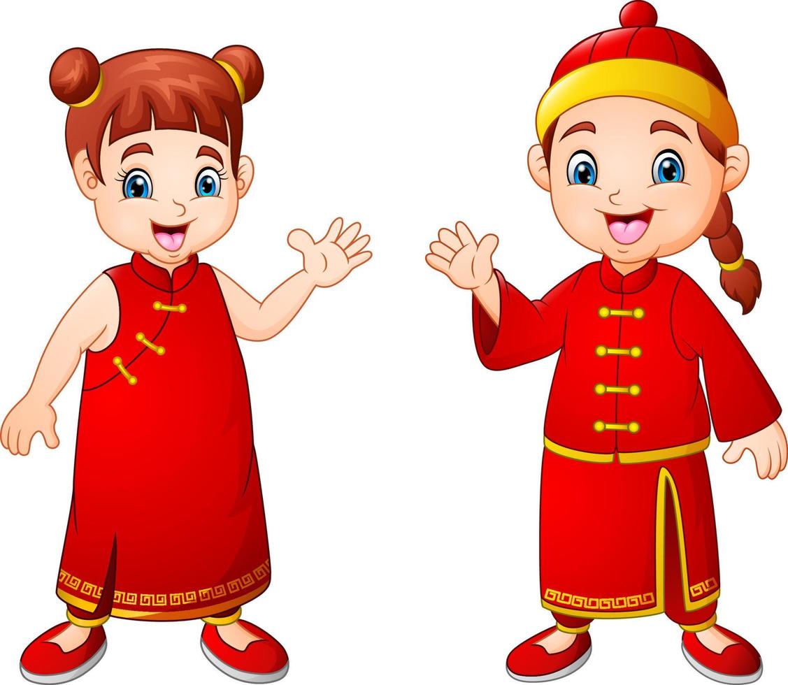 Cartoon cute boy and girl in chinese costume vector