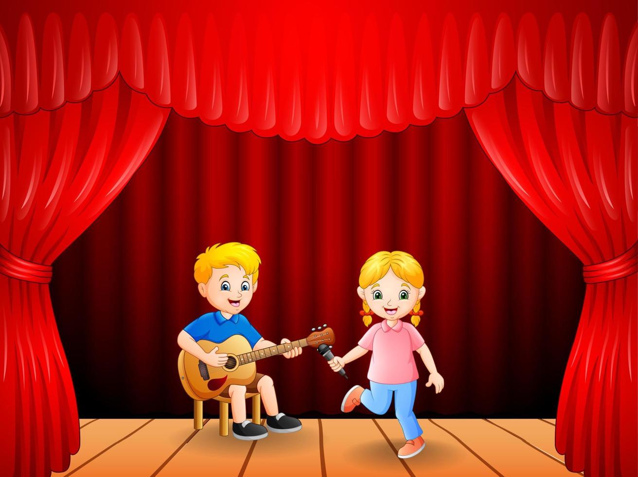 Little boy playing guitar and singing girl dancing vector