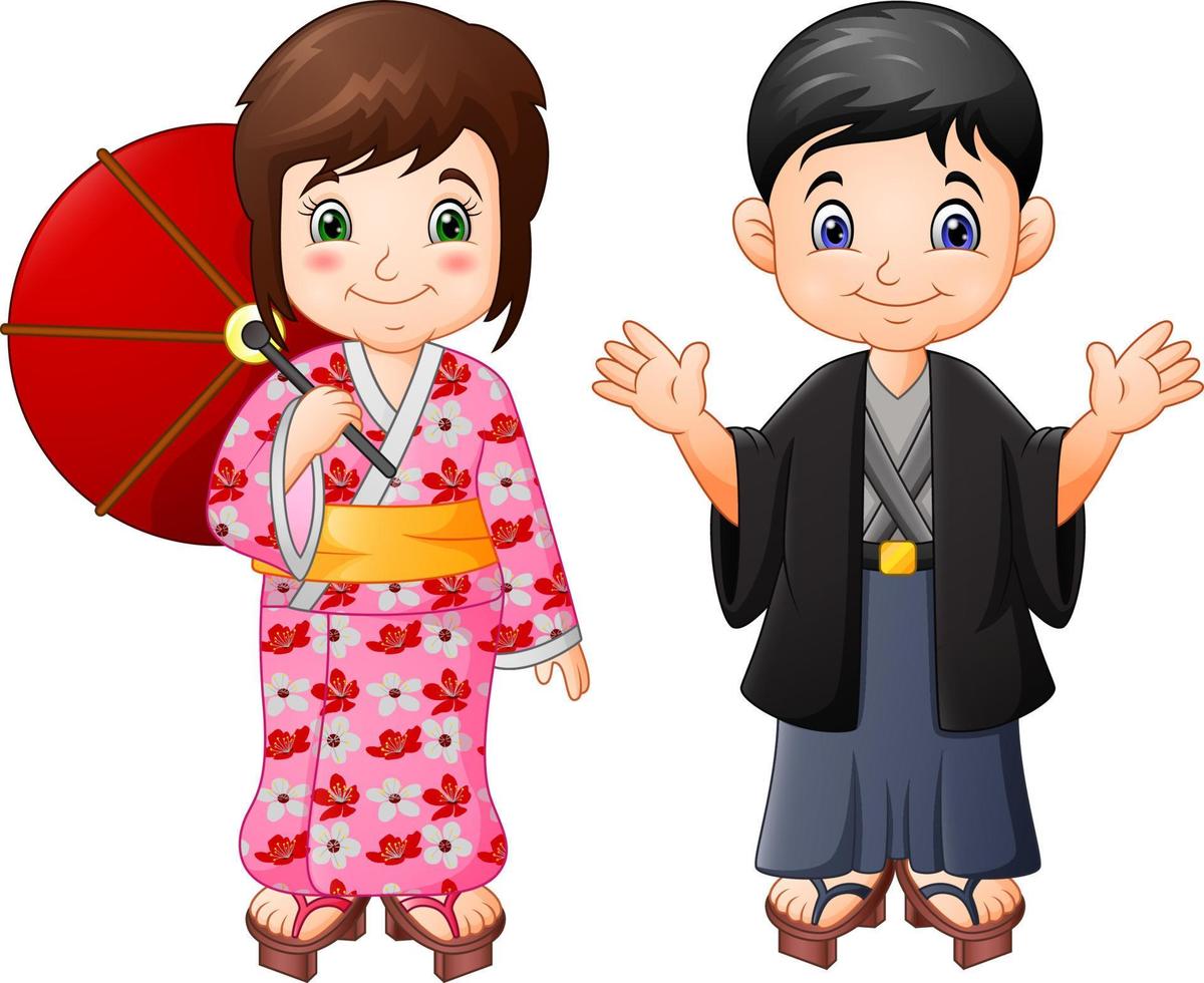 Cartoon Japanese boy and girl in traditional uniform vector