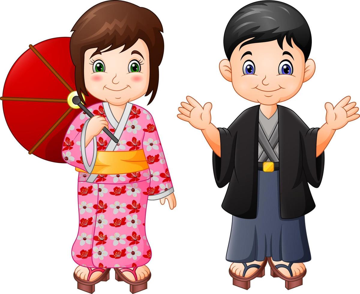 niño y niña japoneses de dibujos animados en uniforme tradicional vector