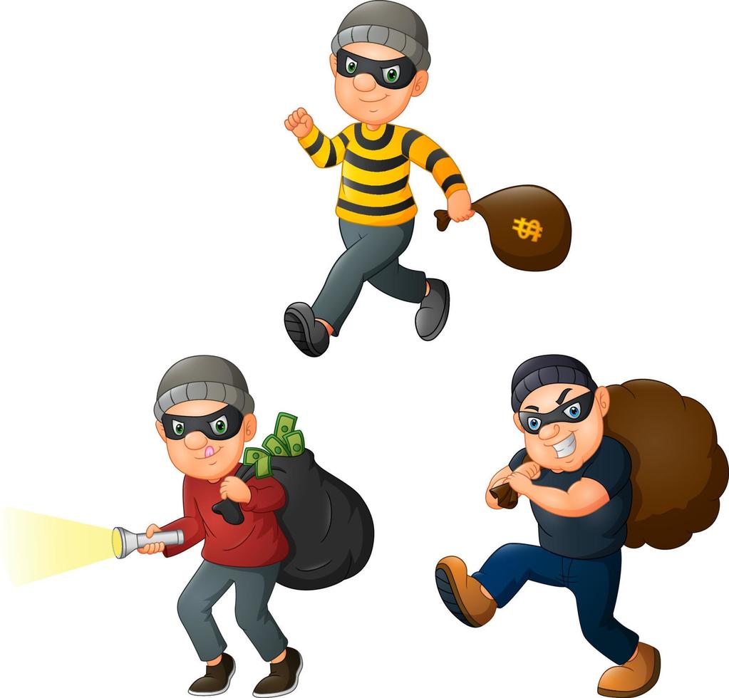 Cartoon thief in a collection of different actions vector