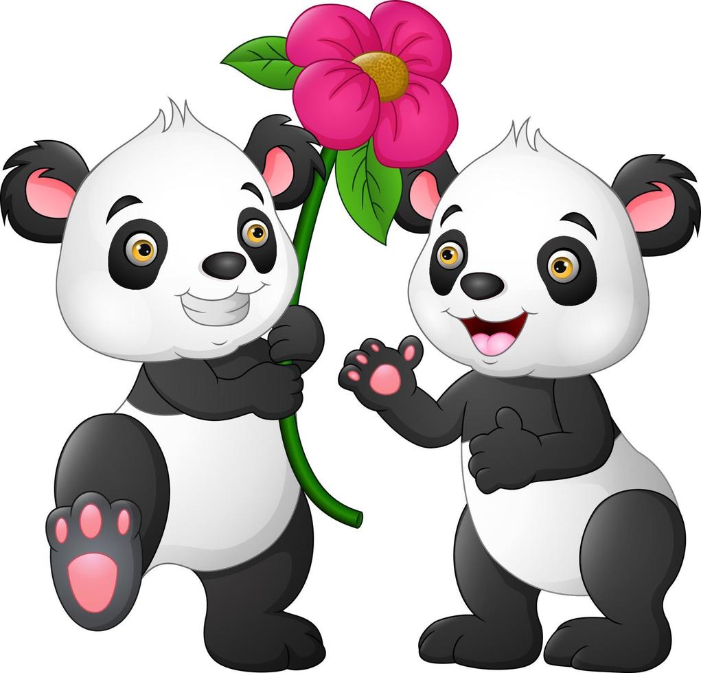 pareja de dibujos animados panda con flores vector