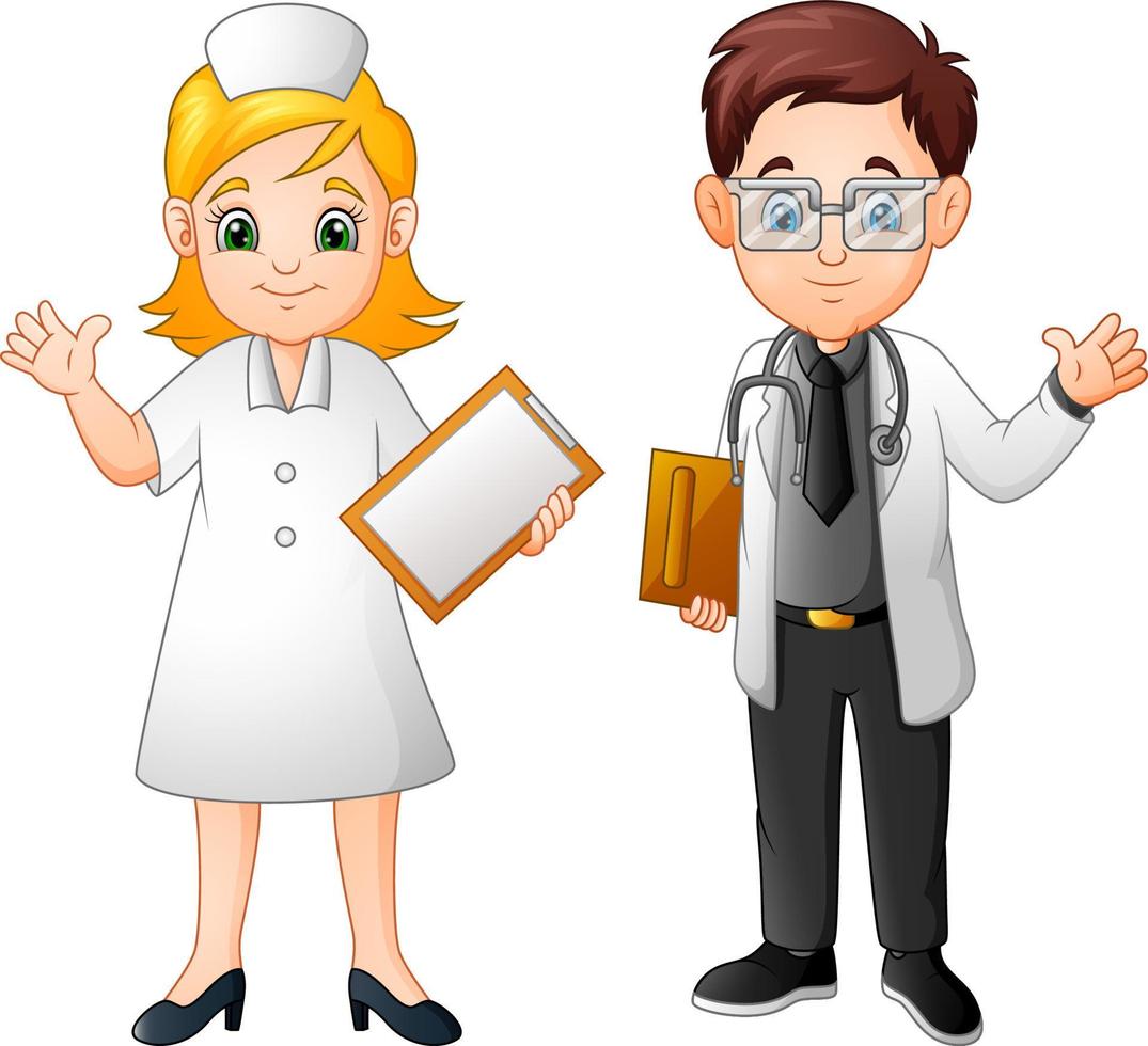 enfermera y doctor feliz de dibujos animados vector