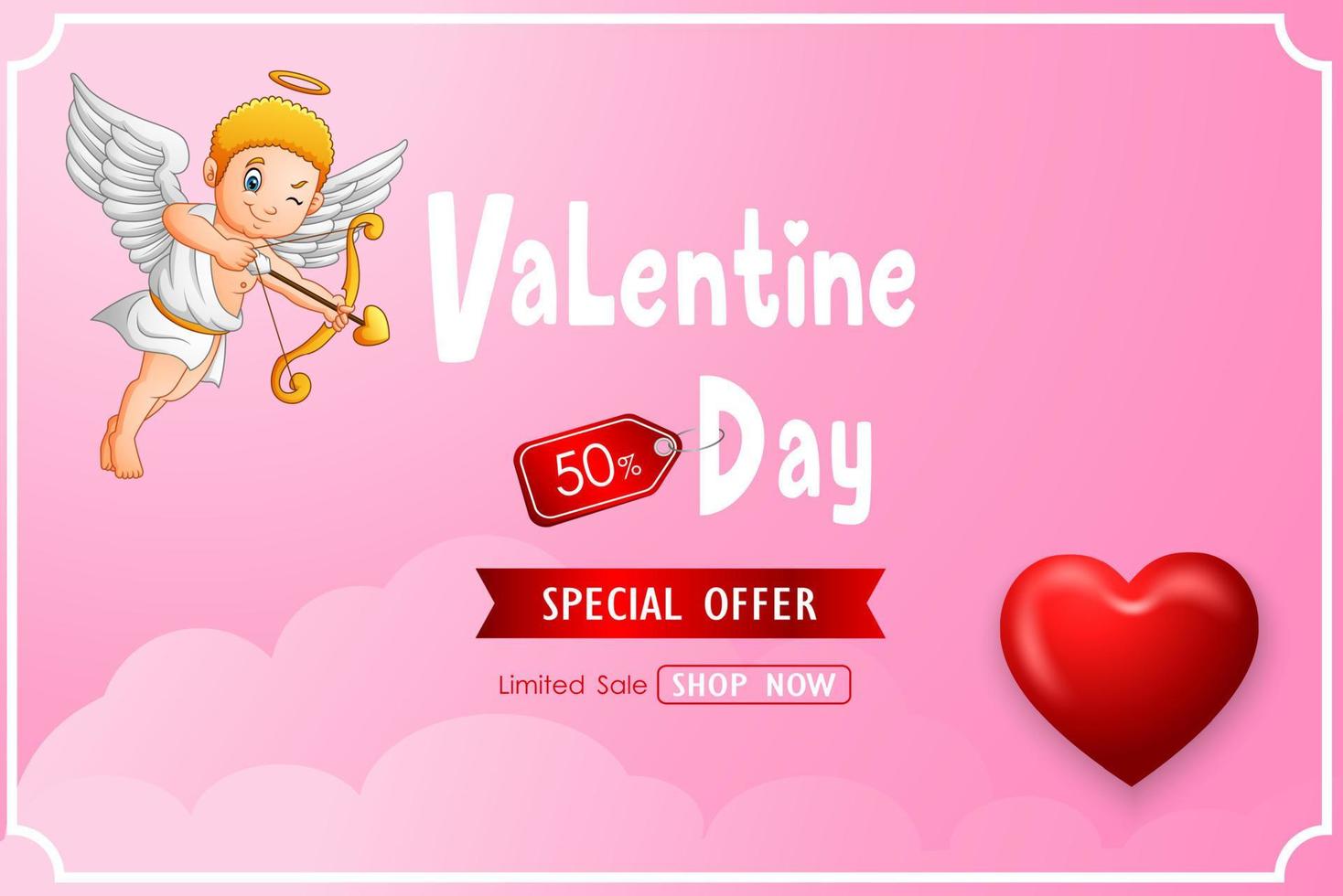 banner de venta de san valentín con lindo cupido de dibujos animados vector