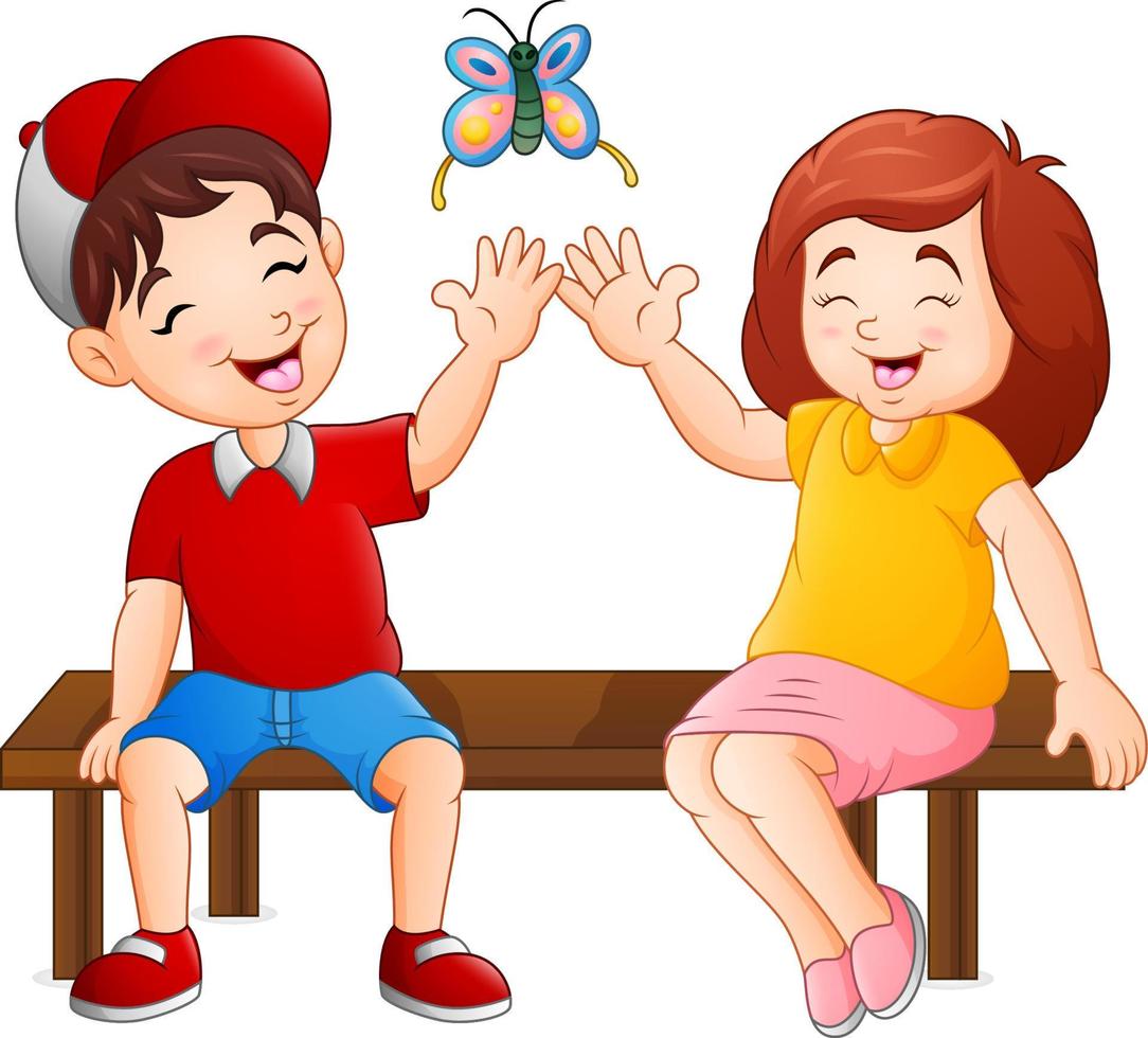 Cartoon couple sitting on the bench playing butterflies vector