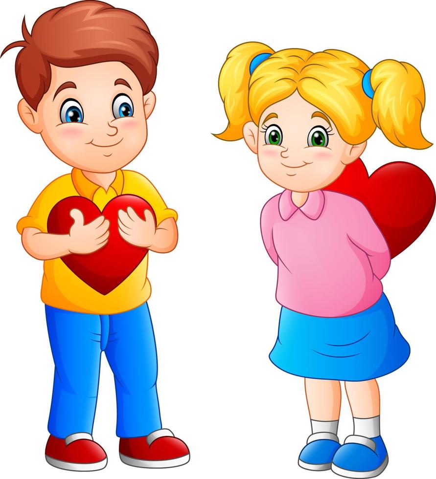 Cute couple cartoon with red hearts vector