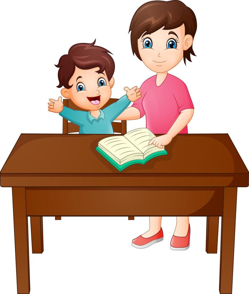 Cartoon Mother with her son reading book vector