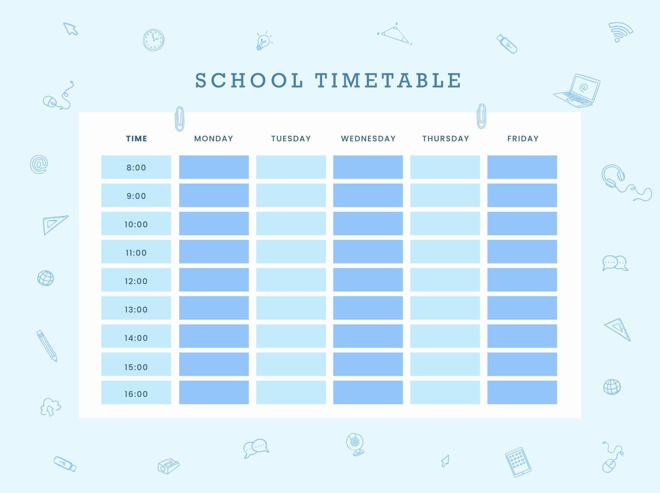 .Weekly planner template with school objects and symbols vector
