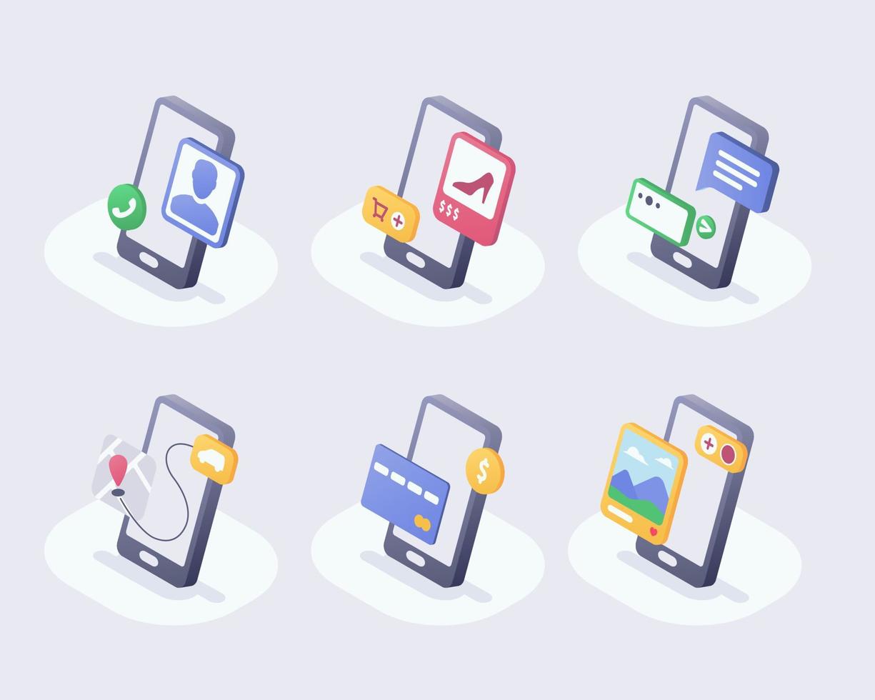 mobile phone icon with various activity about technology set collection with isometric style vector