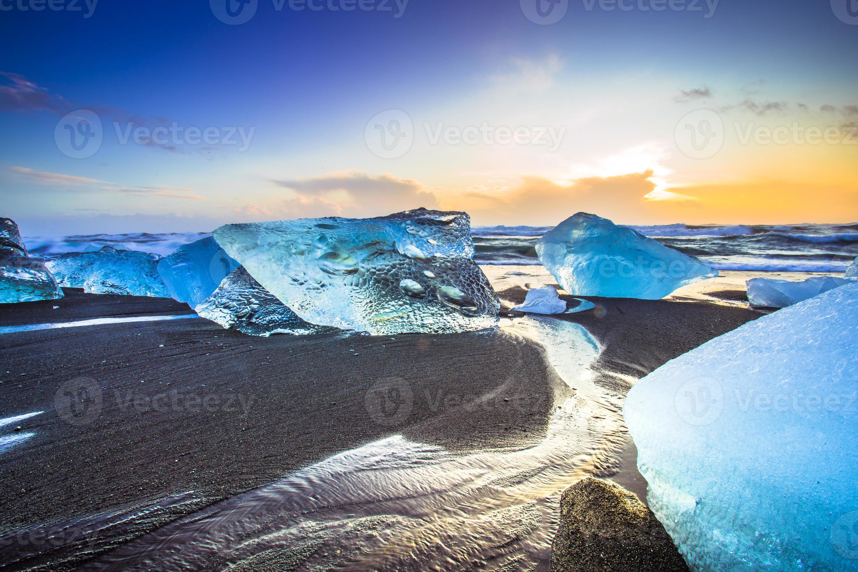 Ice rock with black sand beach at Jokulsarlon beach, or Diamond beach