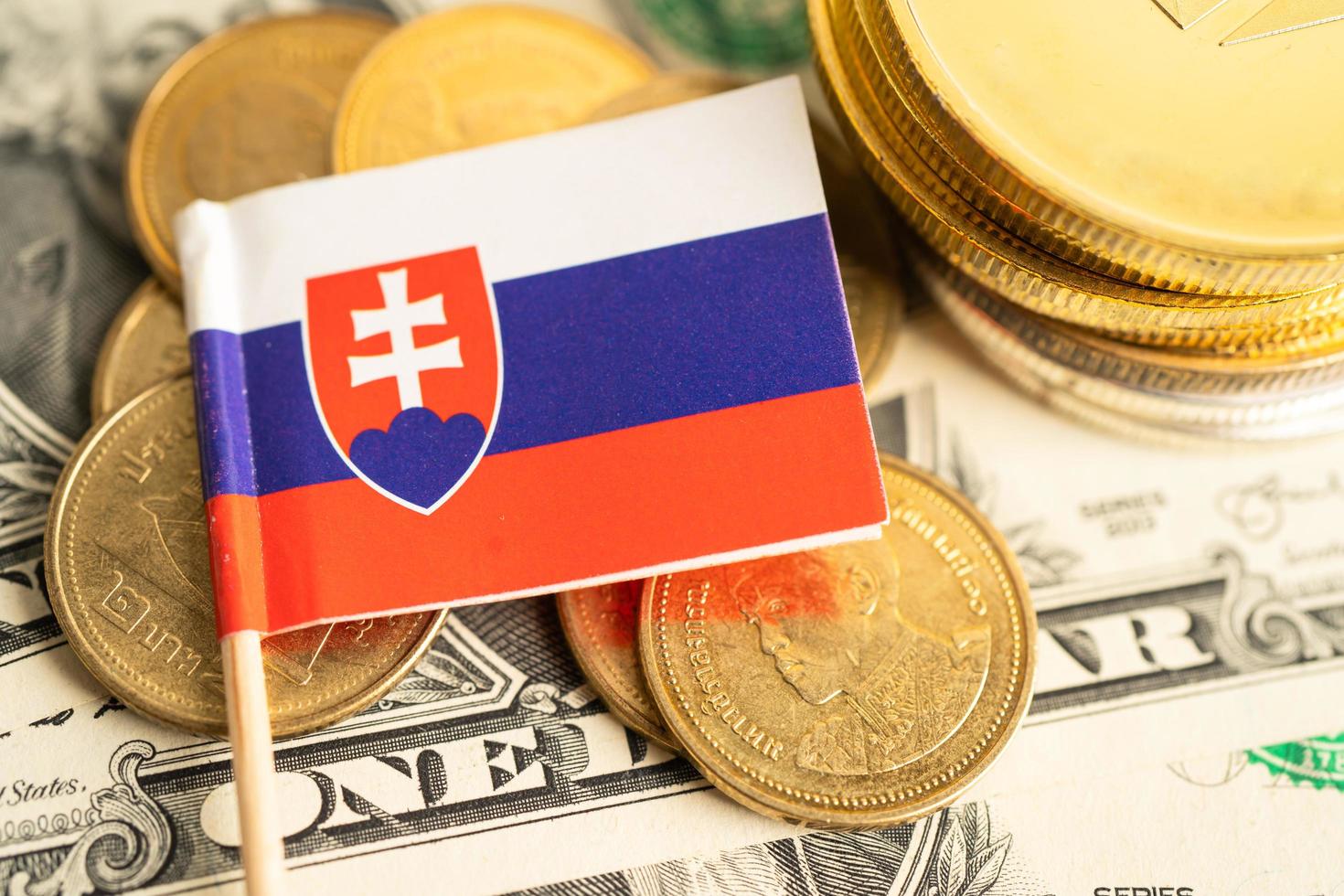 Stack of coins money with Slovakia flag, finance banking concept. photo