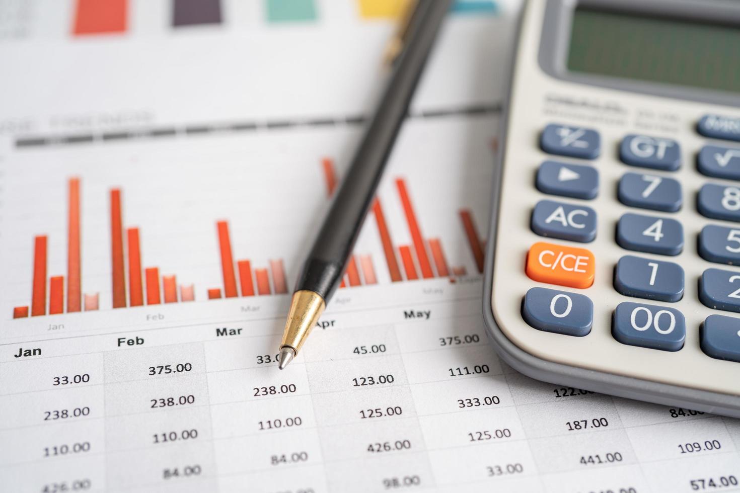 Calculator on preadsheet table paper with graph. Finance development, Banking Account, Statistics Investment Analytic research data economy, trading, office reporting Business company meeting concept. photo