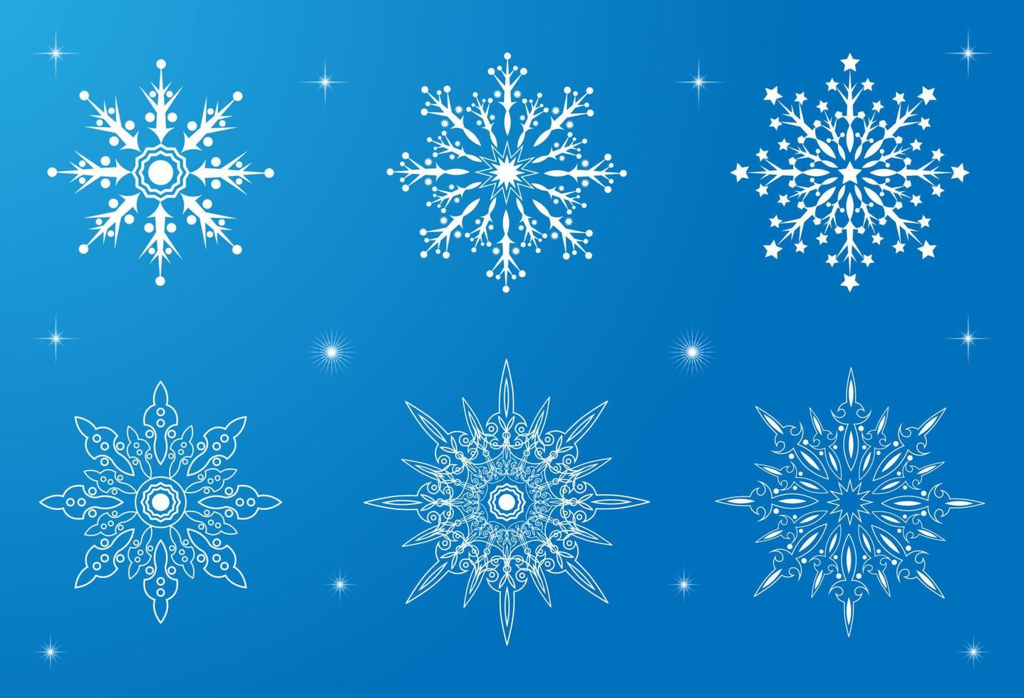 conjunto de formas de copos de nieve color fresco con luz de las estrellas vector