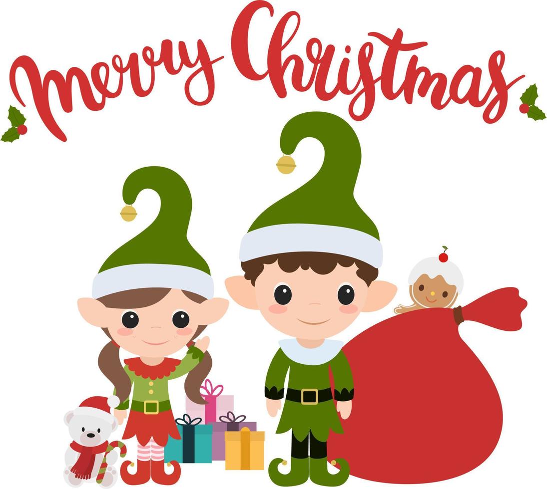 Merry Christmas elves with bear and gifts and gingerbread man vector