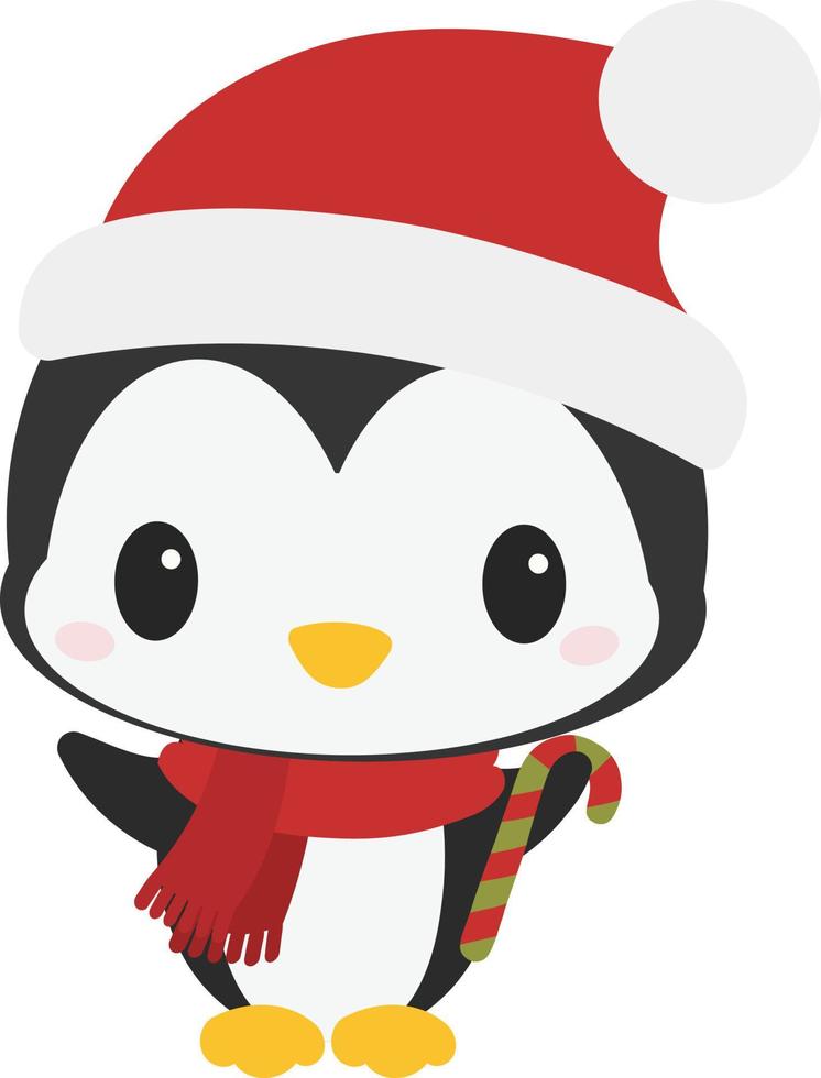 lindo pingüino con gorro de Papá Noel y bufanda roja vector