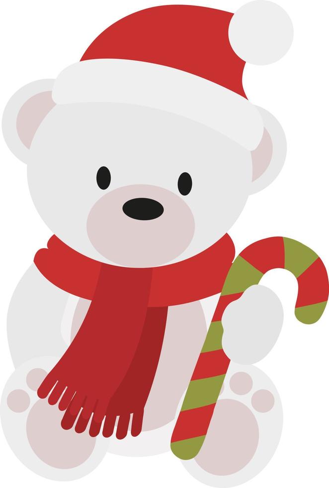 White Christmas teddy bear with red scarf and candy cane vector