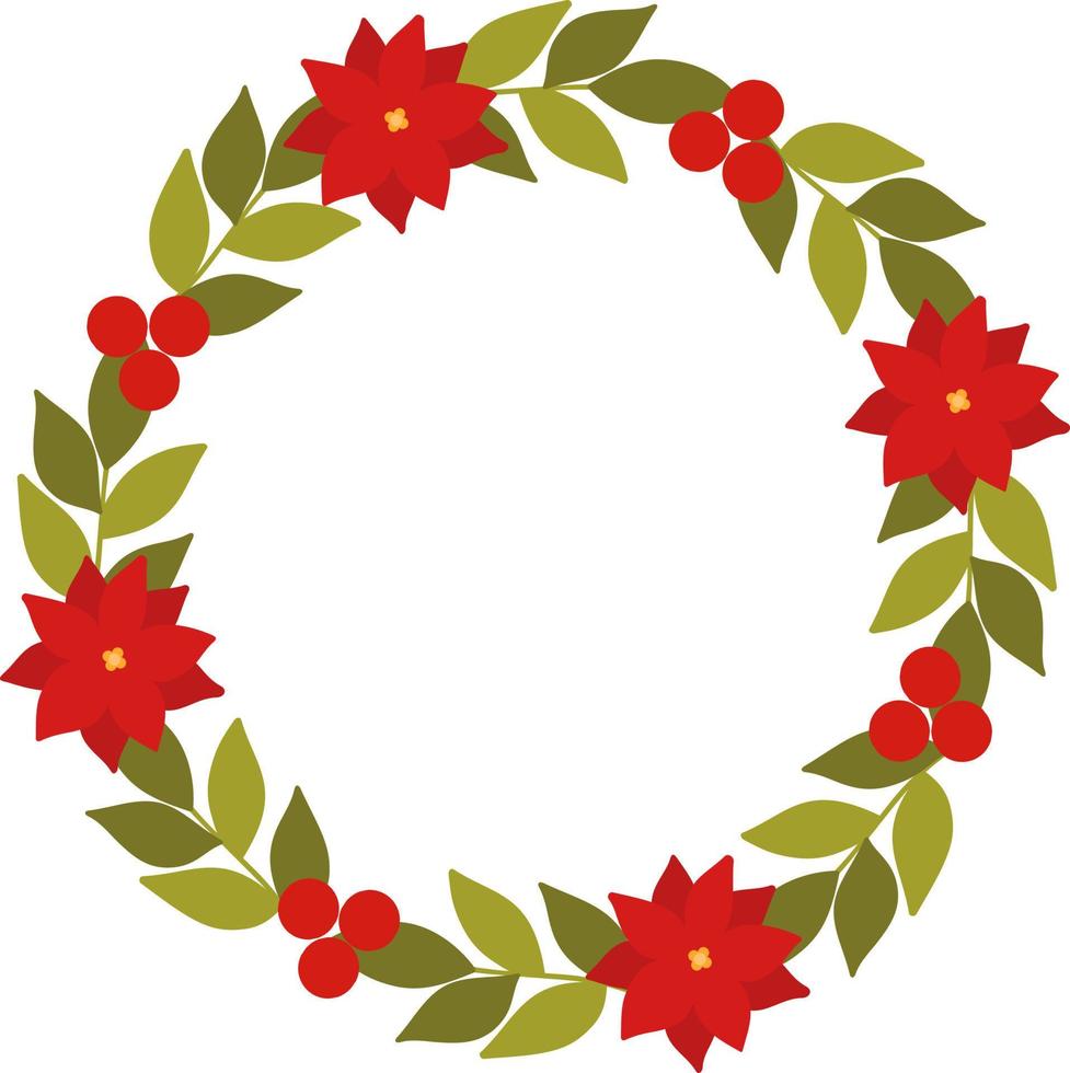 Red poinsettia wreath with berries and leaves vector