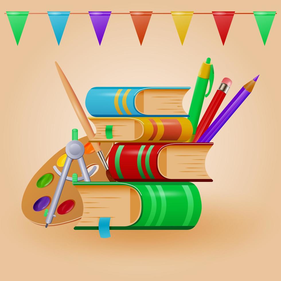 Colorful banner with school stationery and books. School design in cartoon style. Vector illustration.