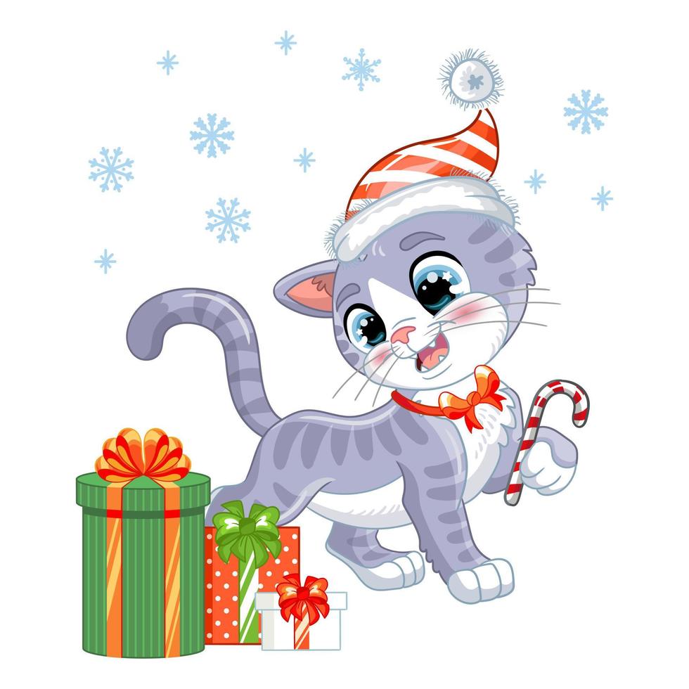 Christmas cute gray kitten with gifts vector illustration