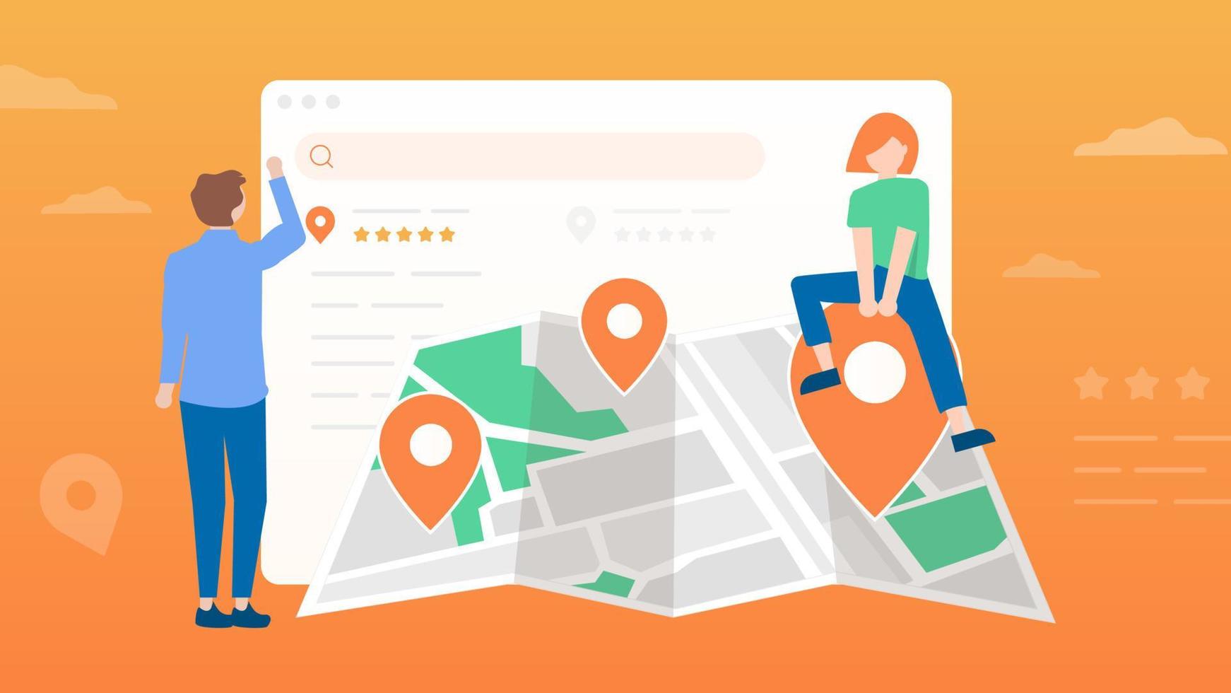 Location search system and professional guides with a map. Vector flat modern design illustration.