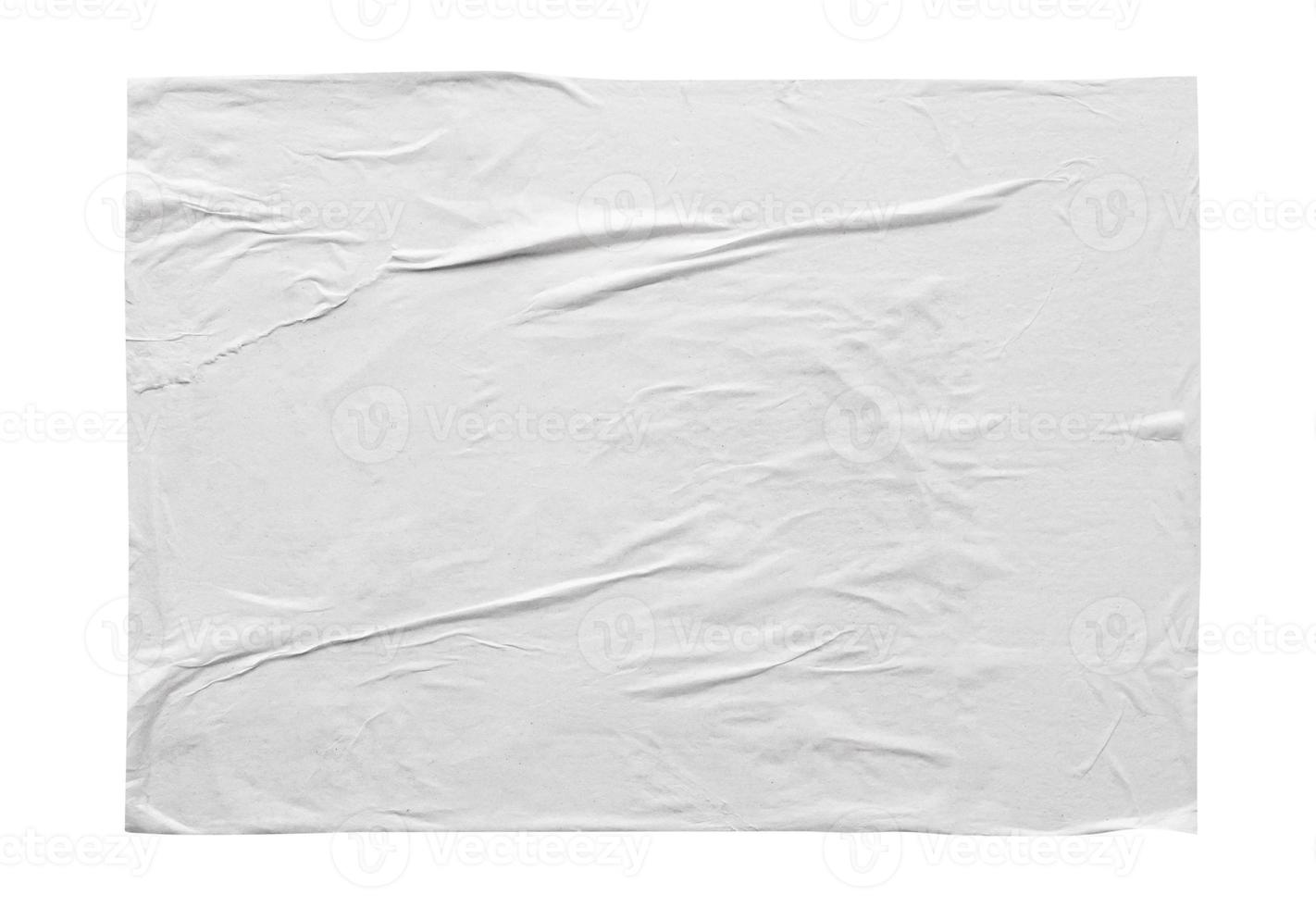 Blank white crumpled and creased sticker paper poster texture isolated on white background photo