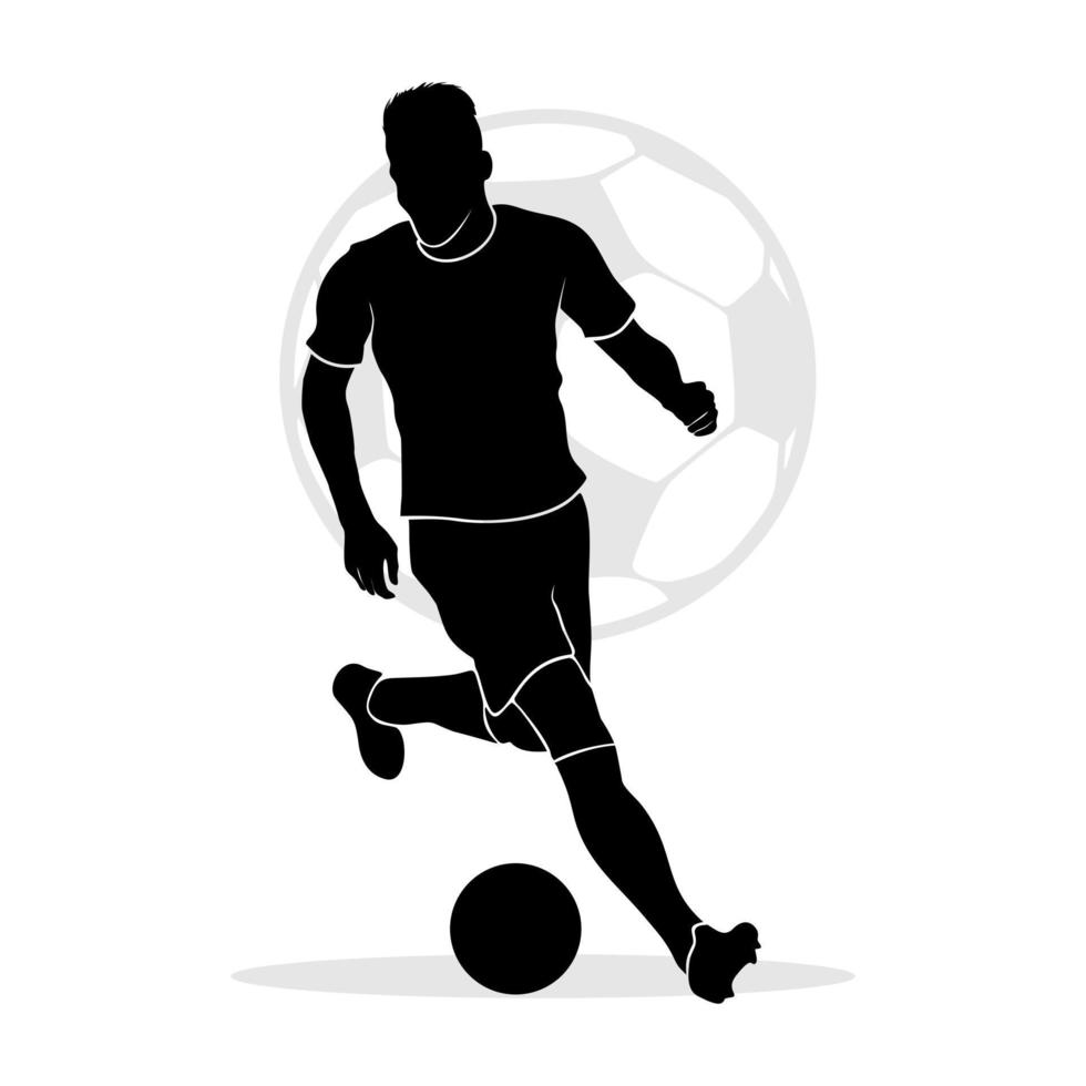 Professional soccer player running and dribbling a ball. Vector silhouette illustration