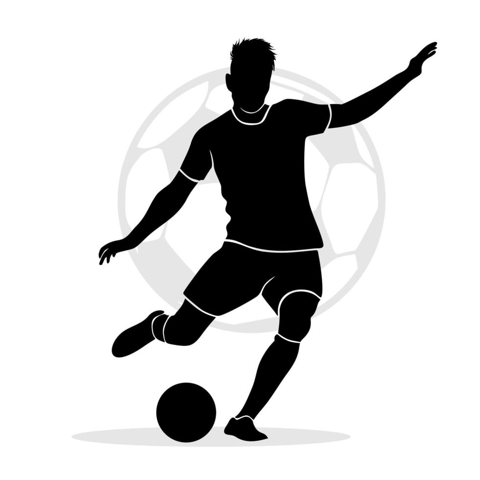 jugador de fútbol pateando una pelota aislada en un fondo blanco. ilustración de silueta vectorial vector