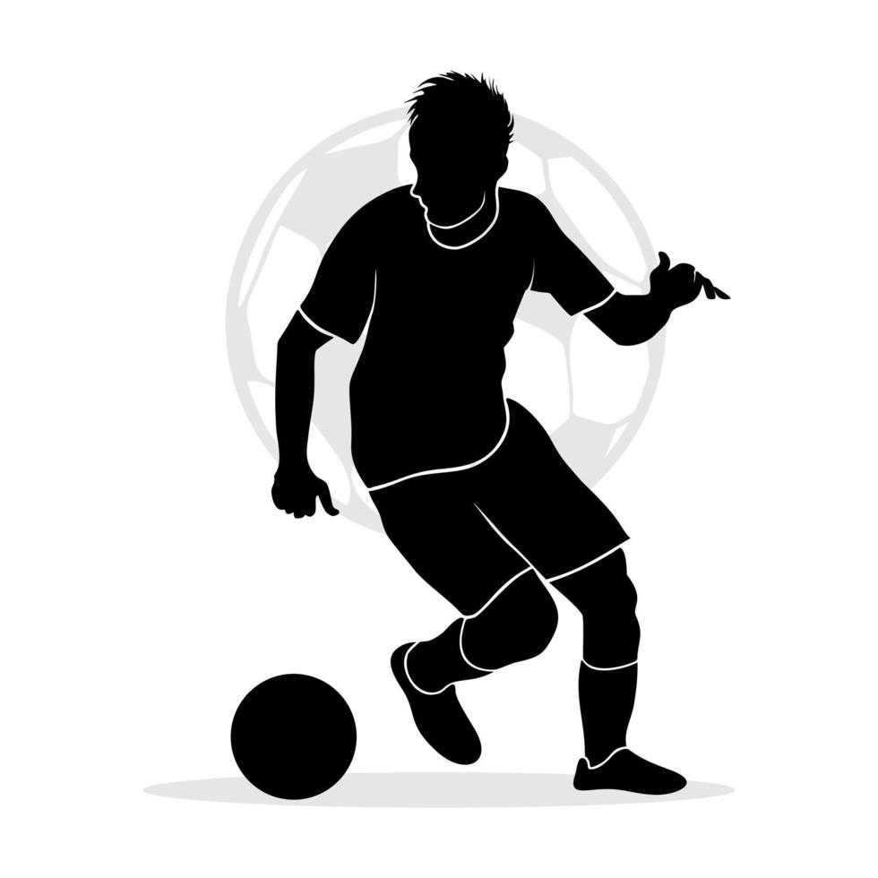 Silhouette of male soccer player dribbling a ball. Vector silhouette illustration