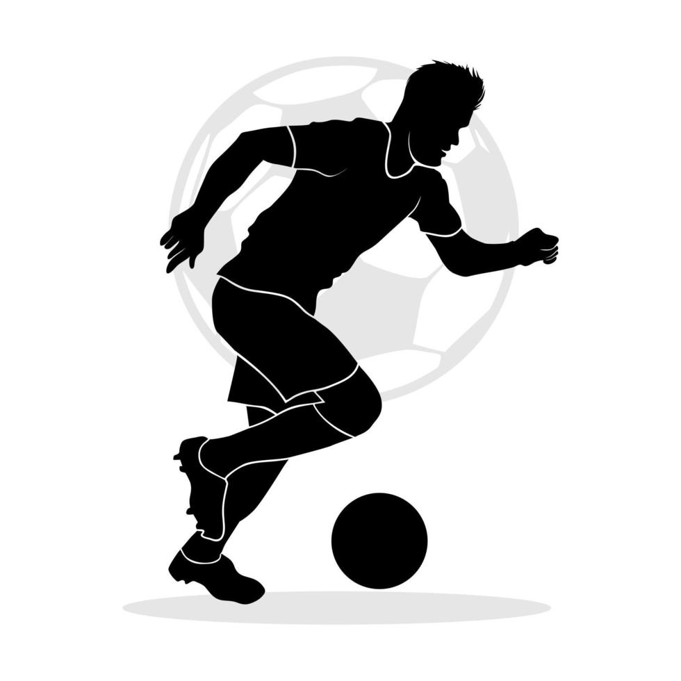Male soccer player running and dribbling a ball. Vector silhouette illustration