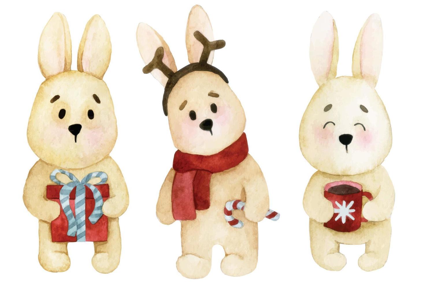 dibujo de acuarela. conjunto de lindos conejitos de navidad. personajes divertidos liebres con regalos de navidad. imprimir para niños vector