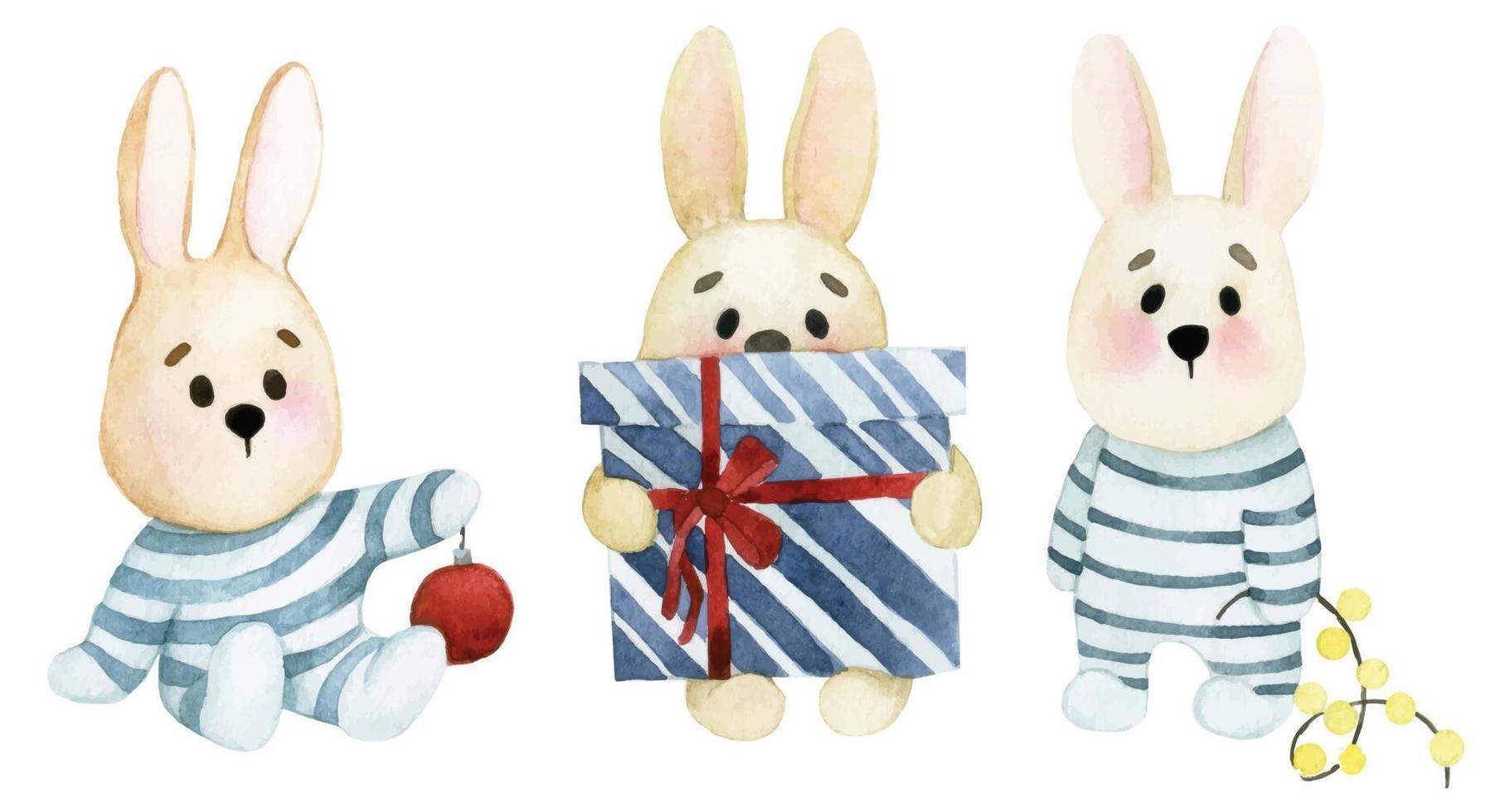 watercolor drawing. set of cute christmas bunnies. funny characters hares with christmas gifts. print for kids vector