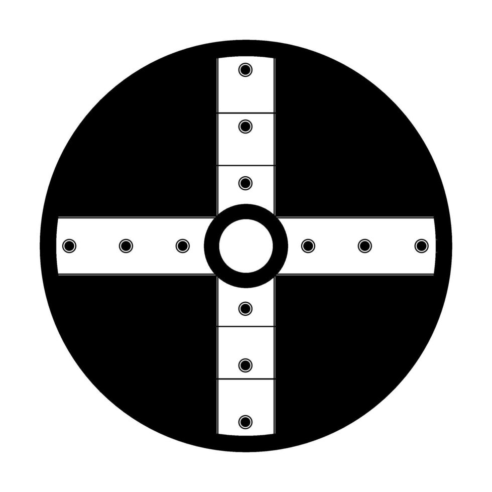 Viking shield straight cross in lineart. Viking weapons. Vector illustration isolated on white background.