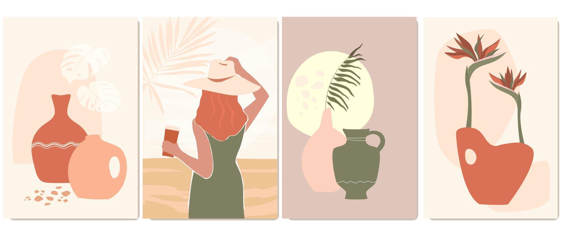 A set of abstract posters with vases, jugs. Contemporary woman in a hat on vacation. Vector graphics.