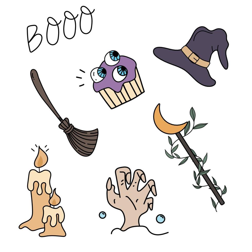 Witch magic elements set, witchcraft symbols potion, witch hat, broom, candle, zombie hand.Flat elements design collection pastel halloween doodles for card, poster, invitation design. vector