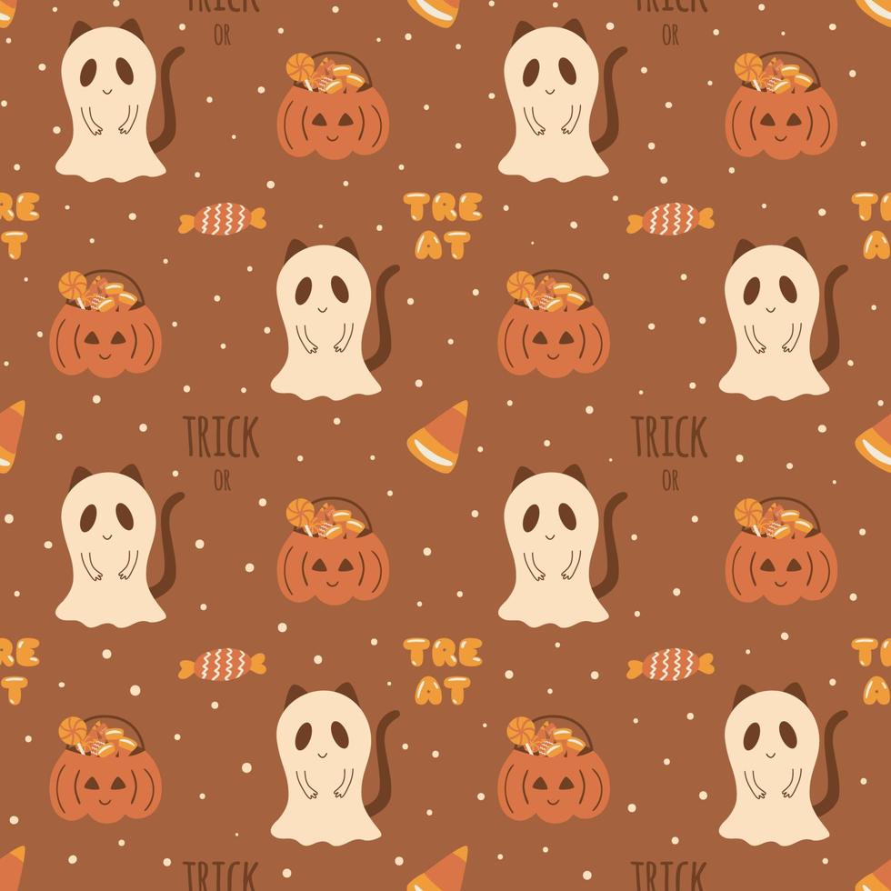 Halloween cat dressed in a ghost costume. Candies halloween seamless pattern. Halloween party. Cute kids illustration texture for fabric, wrapping, textile, wallpaper, apparel. Vector background