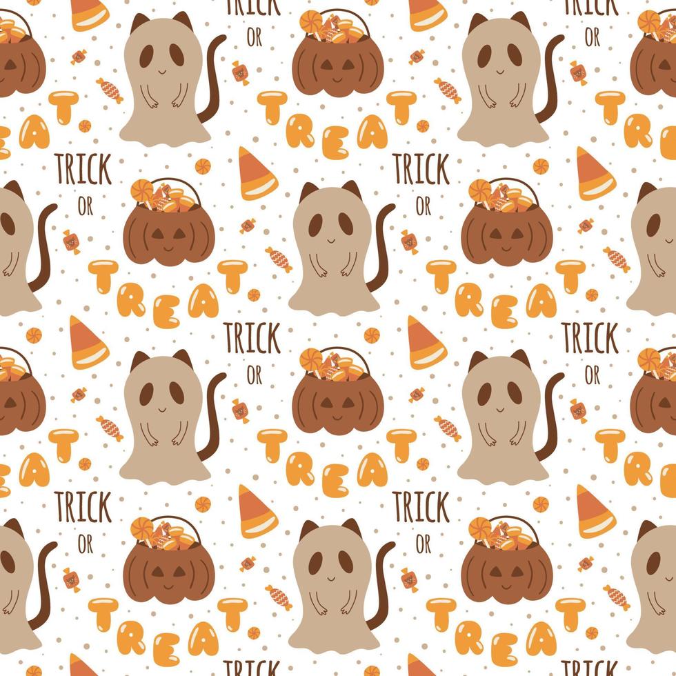 Halloween cat dressed in a ghost costume. Trick or treat halloween seamless pattern. Halloween party. Cute childish illustration texture, fabric, wrapping paper, textile, wallpaper. Vector background.
