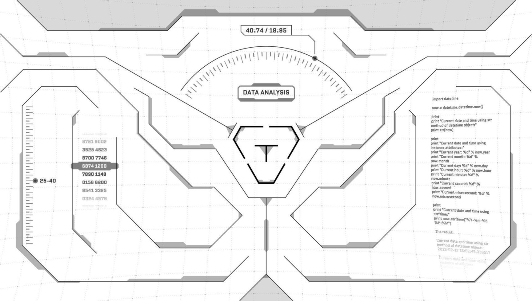 VR HUD digital future interface triangular sight. Sci-fi virtual reality technology view head up display. GUI UI technology black and white dashboard panel. FUI binocular viewfinder visor. Vector eps