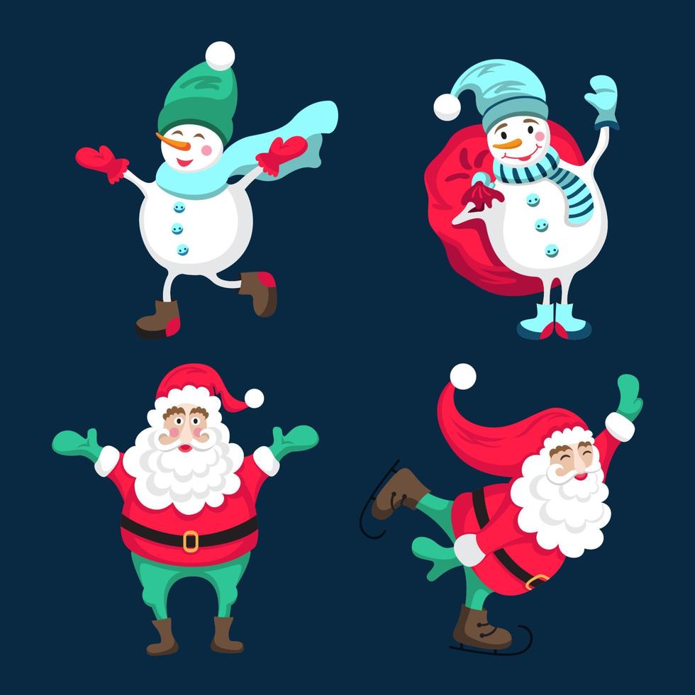 felices muñecos de nieve y santa en diferentes poses. conjunto de vacaciones de invierno vector