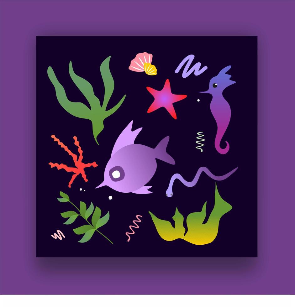 conjunto marino con peces, estrellas de mar, algas y anguilas. ilustración vectorial del mundo submarino y el océano. habitantes marinos. vector
