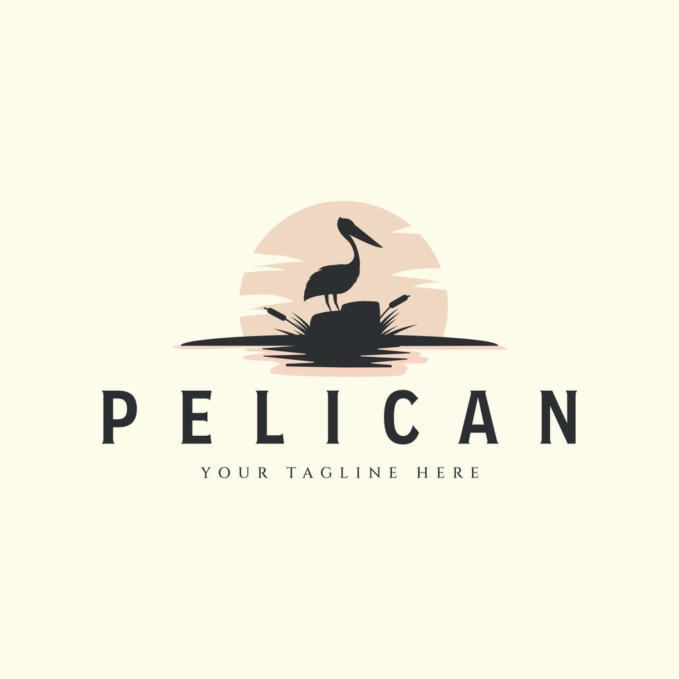 pelican with sun and cattails vector logo vintage template illustration design