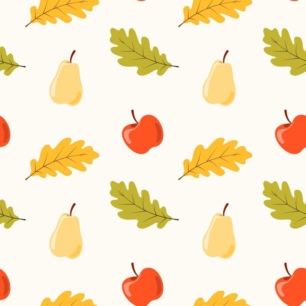 patrón impecable con manzanas, peras y hojas de roble. ilustración vectorial dibujada a mano en colores cálidos. fondo para vacaciones de cosecha de otoño, acción de gracias, halloween, estacional, textil, scrapbooking. vector