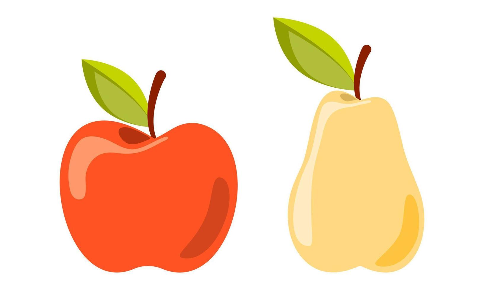 pera madura amarilla y manzana roja con hoja verde aislada en fondo blanco. Ilustración de vector de fruta orgánica sabrosa y saludable. clipart para decoración presentación de alimentos, scrapbooking, textil.
