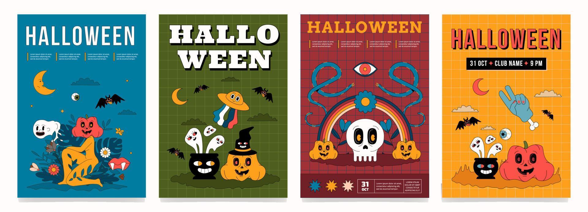 A set of colorful Halloween posters with trending funny illustrations. Groovy placard templates. vector