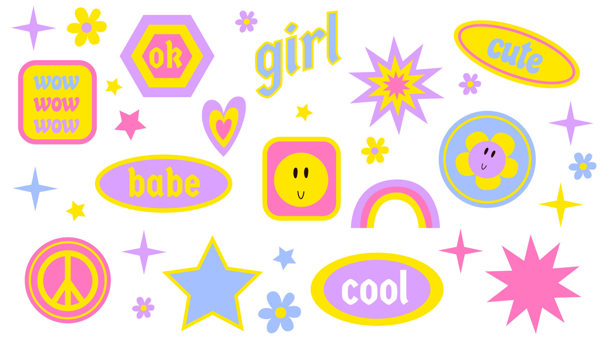 Girly stickers 90s set. Vector set of pop stickers retro 2000 vibe. Y2k