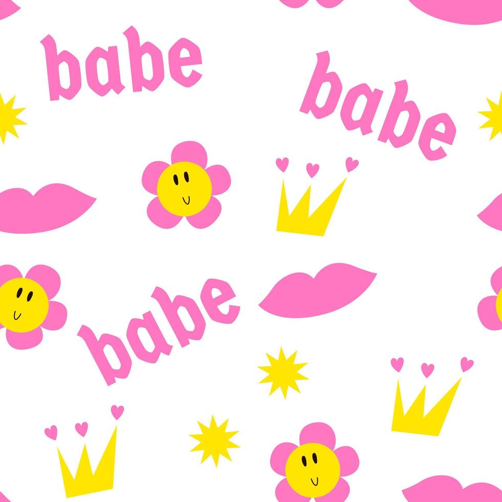 Y2k seamless pattern 2000 vibe. Babe pattern retro vibe. Crowns, lips, babe, daisy flower vector