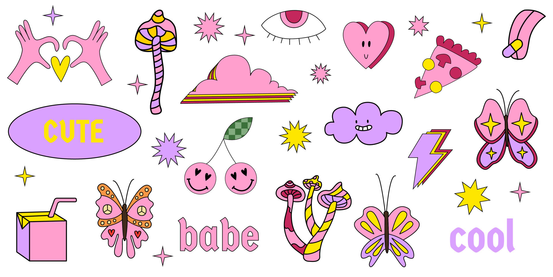 Girly stickers 90s set. Vector set of pop stickers retro 2000 vibe. Y2k ...