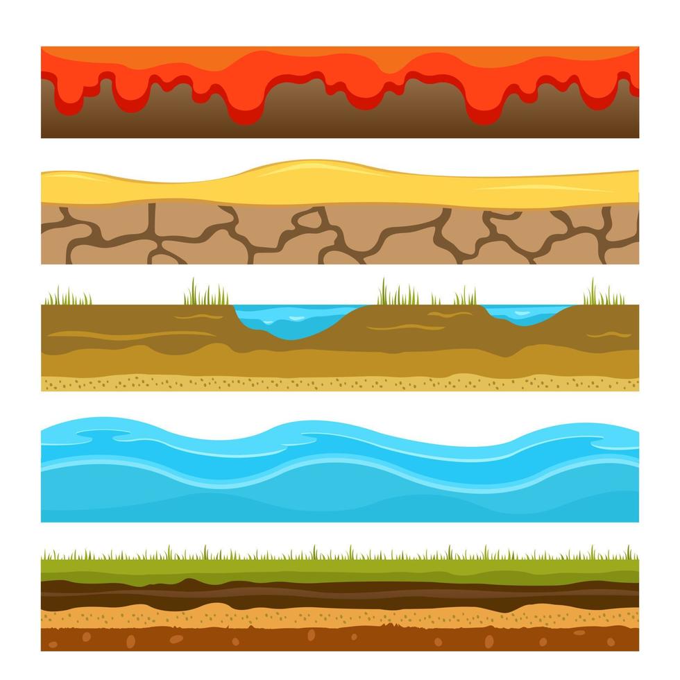 Ground, soil, water surface, for custom games. 2D game platform. Vector illustration of earth, sandy lava
