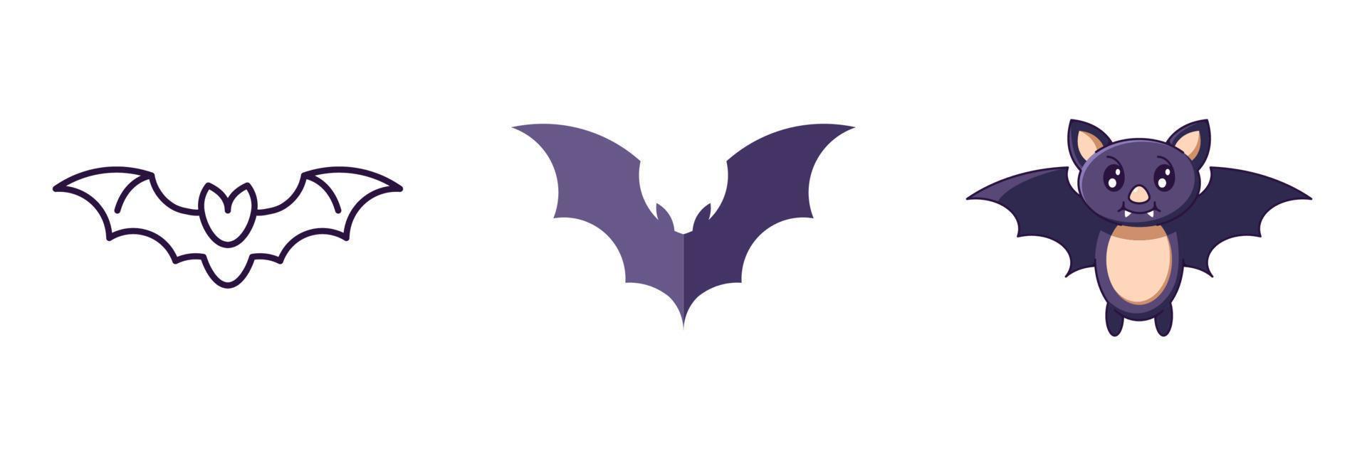 elementos de halloween el conjunto de iconos vectoriales de murciélago se dibuja en línea, plano y estilos de dibujos animados. perfecto para aplicaciones, libros, artículos, tiendas, tiendas, anuncios vector